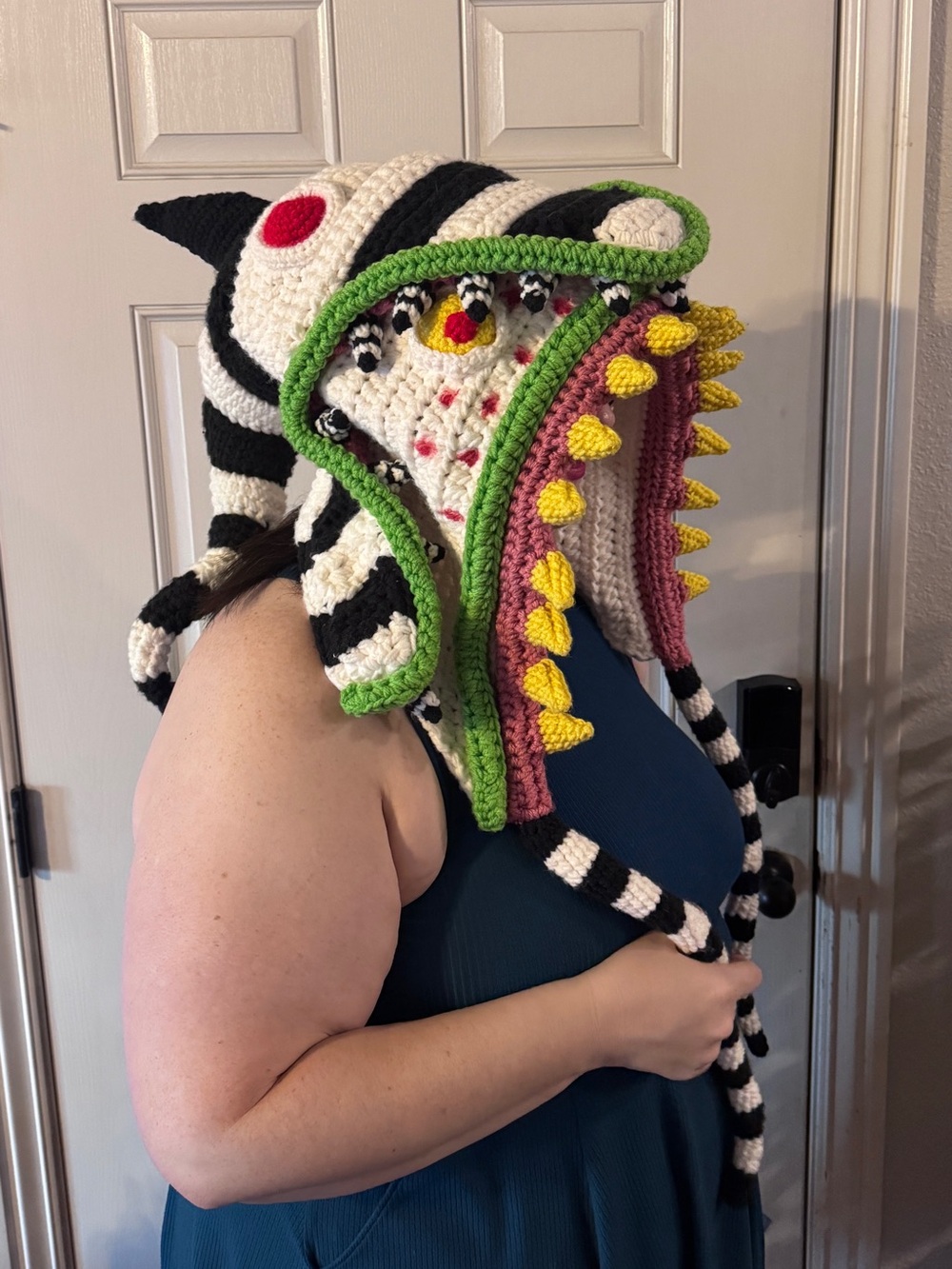 Handmade Black & White Striped Sandworm Crochet Hood